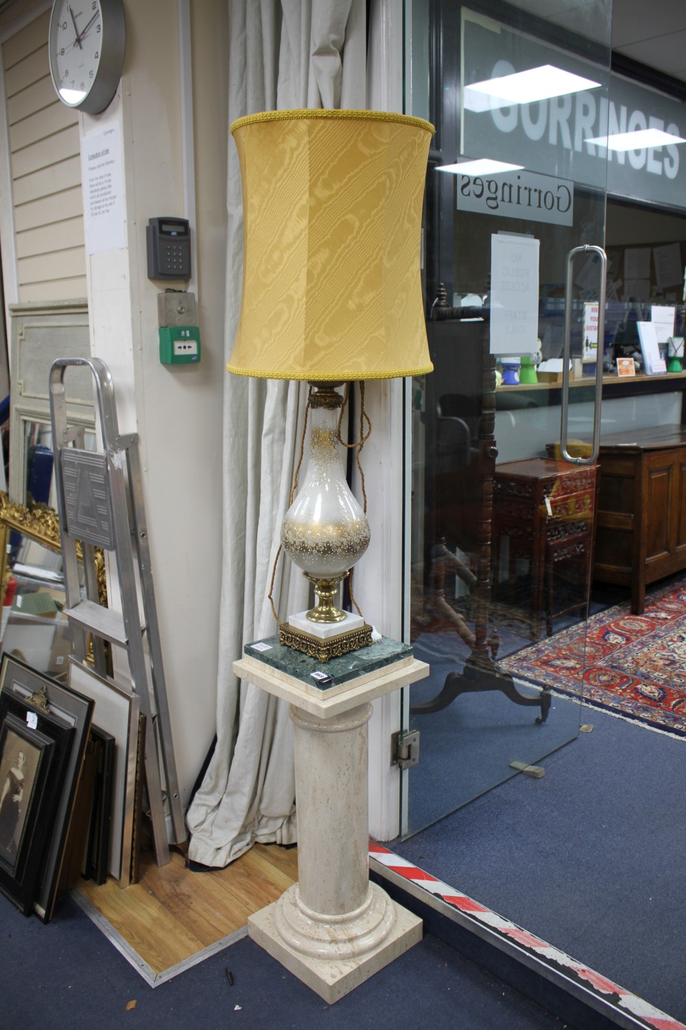 A pair of Venetian style brass mounted jewelled glass table lamps, on reconstituted marble columns, overall H.182cm